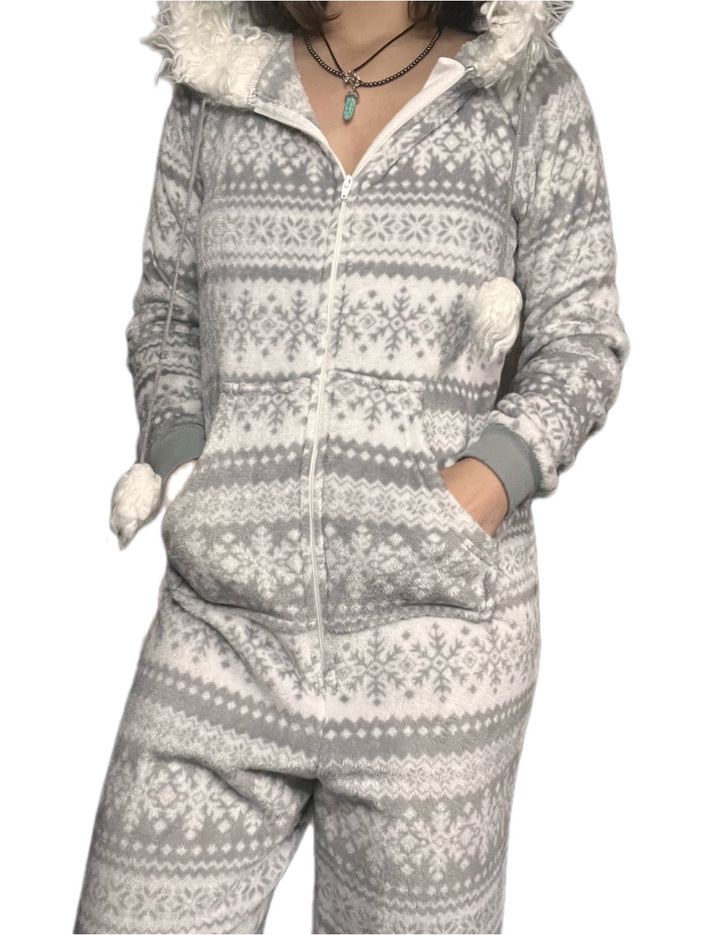 George Plush Hooded Onesie in Gray and White Fair Isle
